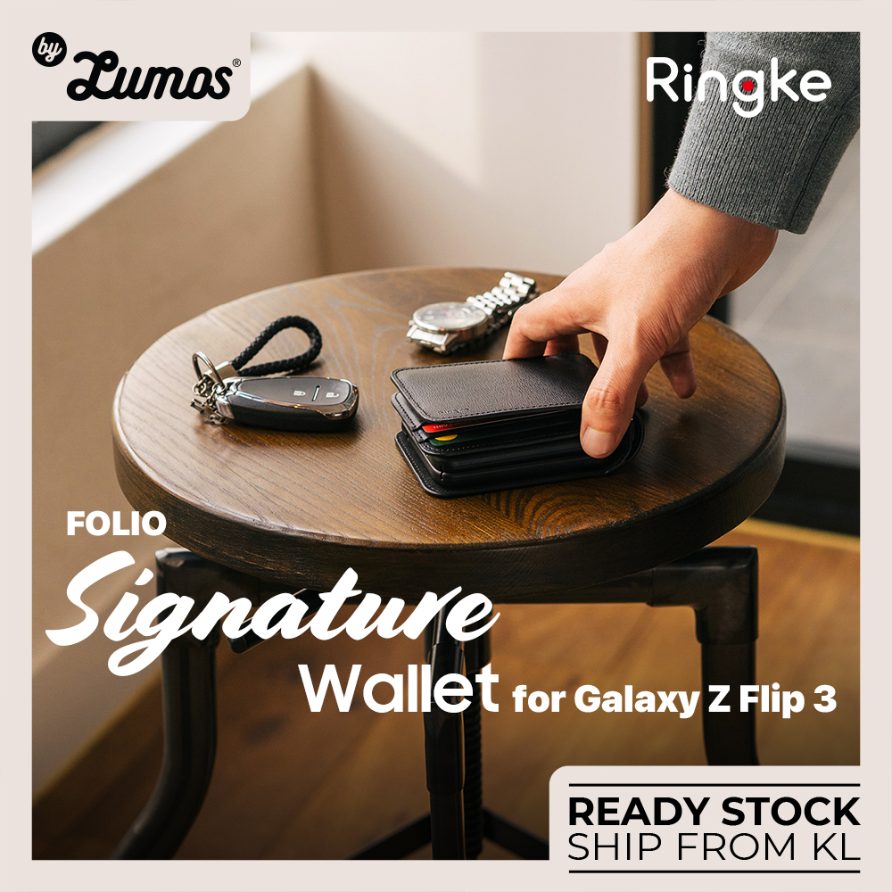 𝗥𝗜𝗡𝗚𝗞𝗘 𝗙𝗢𝗟𝗜𝗢 𝗦𝗜𝗚𝗡𝗔𝗧𝗨𝗥𝗘 𝗪𝗔𝗟𝗟𝗘𝗧 for Samsung Galaxy Z Flip 3 Protective Large Storage Space 4 cards Phone Case - Black