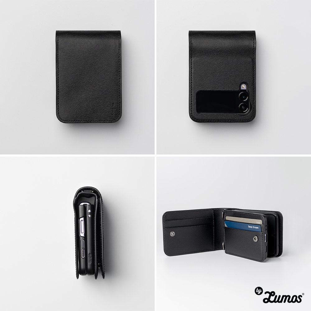 𝗥𝗜𝗡𝗚𝗞𝗘 𝗙𝗢𝗟𝗜𝗢 𝗦𝗜𝗚𝗡𝗔𝗧𝗨𝗥𝗘 𝗪𝗔𝗟𝗟𝗘𝗧 for Samsung Galaxy Z Flip 3 Protective Large Storage Space 4 cards Phone Case - Black